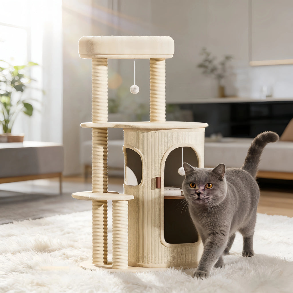 Pettami Multi-Level Cat Tower with Sisal Scratching Posts and Integrated Bed for Small and Medium Cats