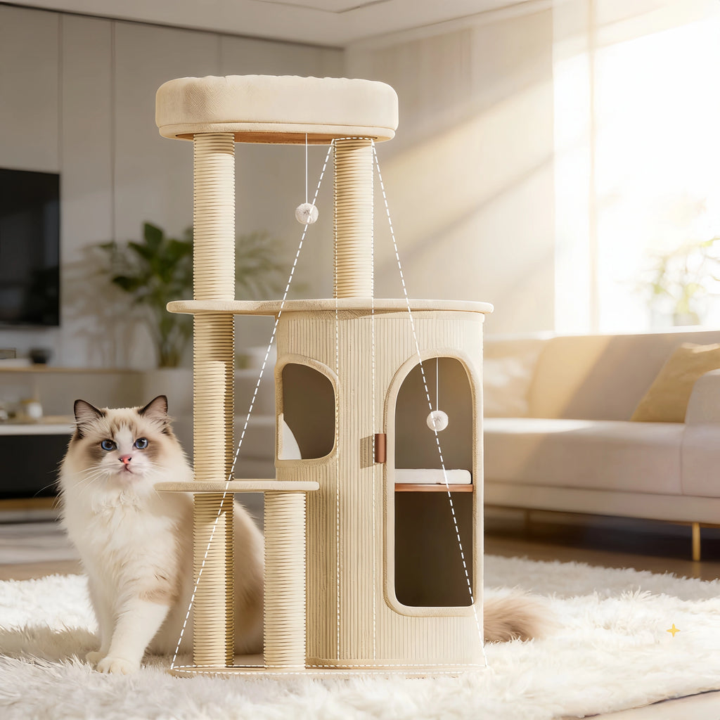 Pettami Multi-Level Cat Tower with Sisal Scratching Posts and Integrated Bed for Small and Medium Cats