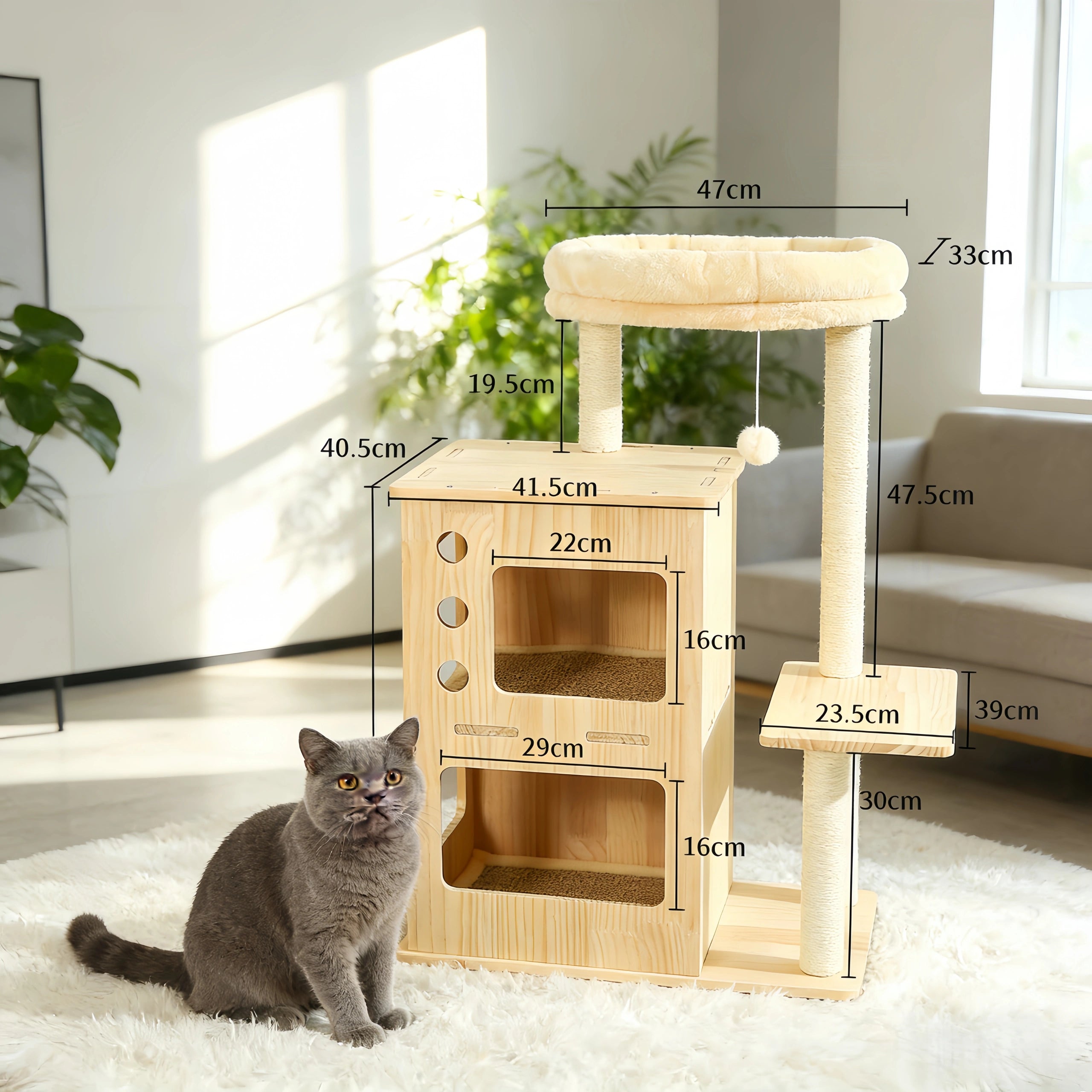 Pettami Multi-Level Cat Tower with Sisal Scratching Posts and Integrated Bed for Small and Medium Cats