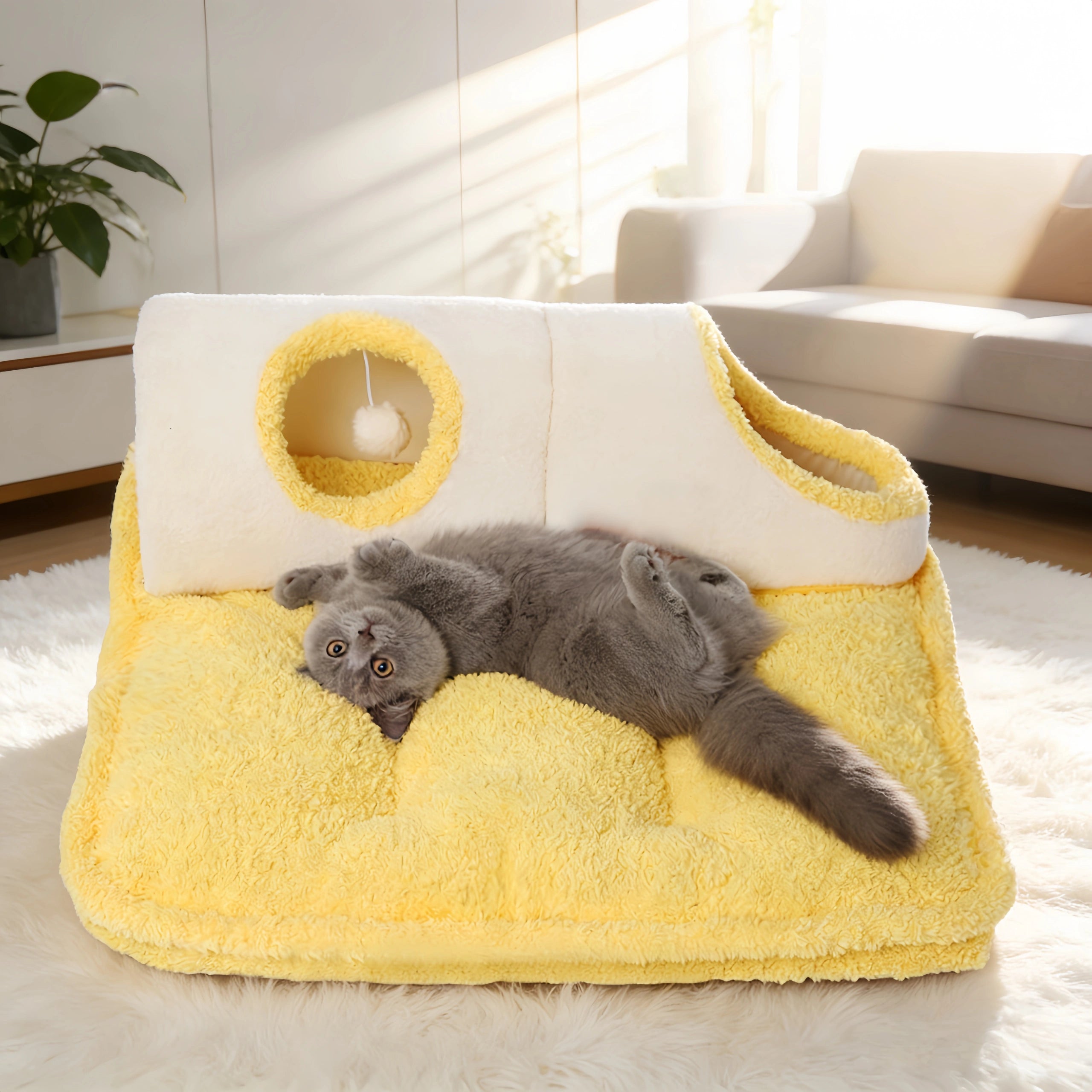 Pettami Plush Tunnel Pet Bed Mat with Removable Washable Cover for Cats