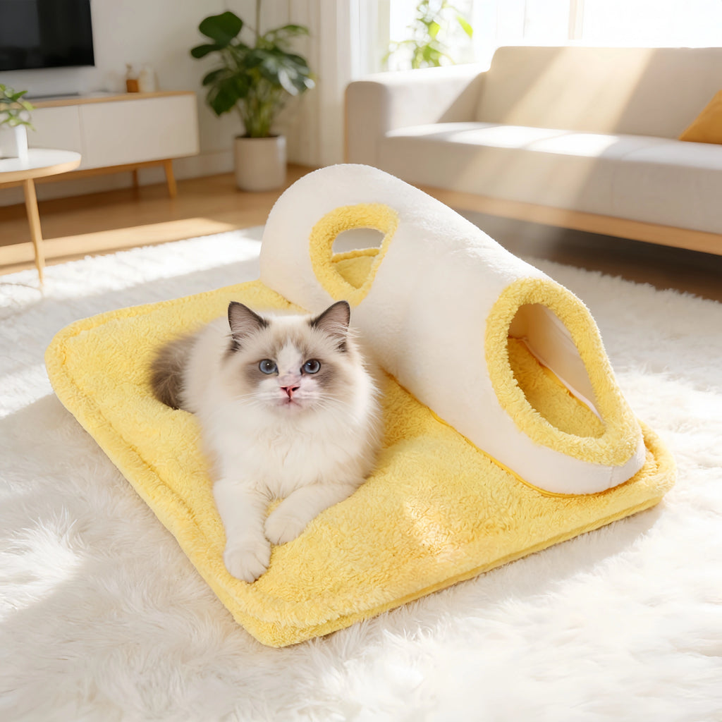 Pettami Plush Tunnel Pet Bed Mat with Removable Washable Cover for Cats