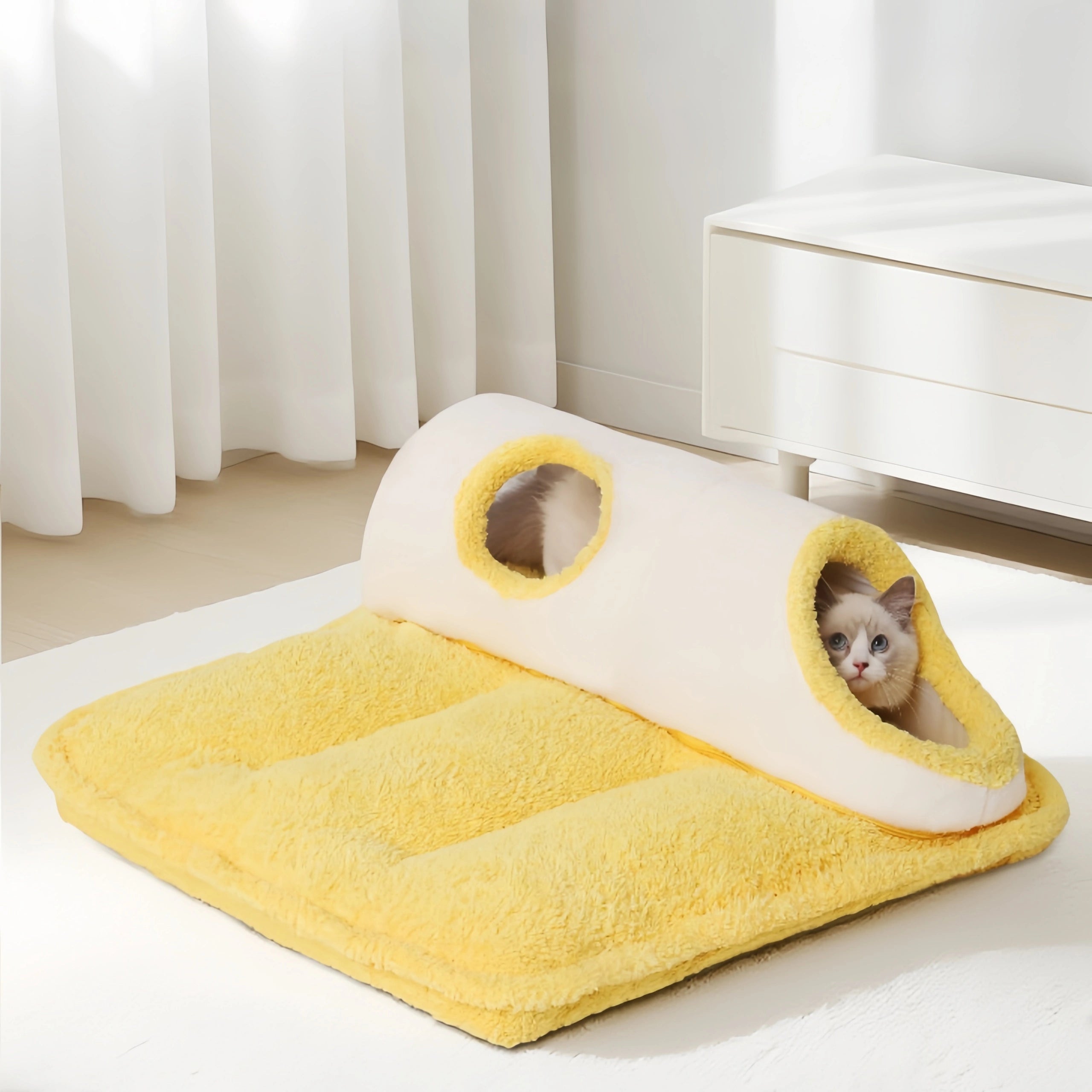 Pettami Plush Tunnel Pet Bed Mat with Removable Washable Cover for Cats