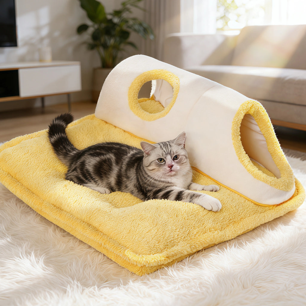 Pettami Plush Tunnel Pet Bed Mat with Removable Washable Cover for Cats