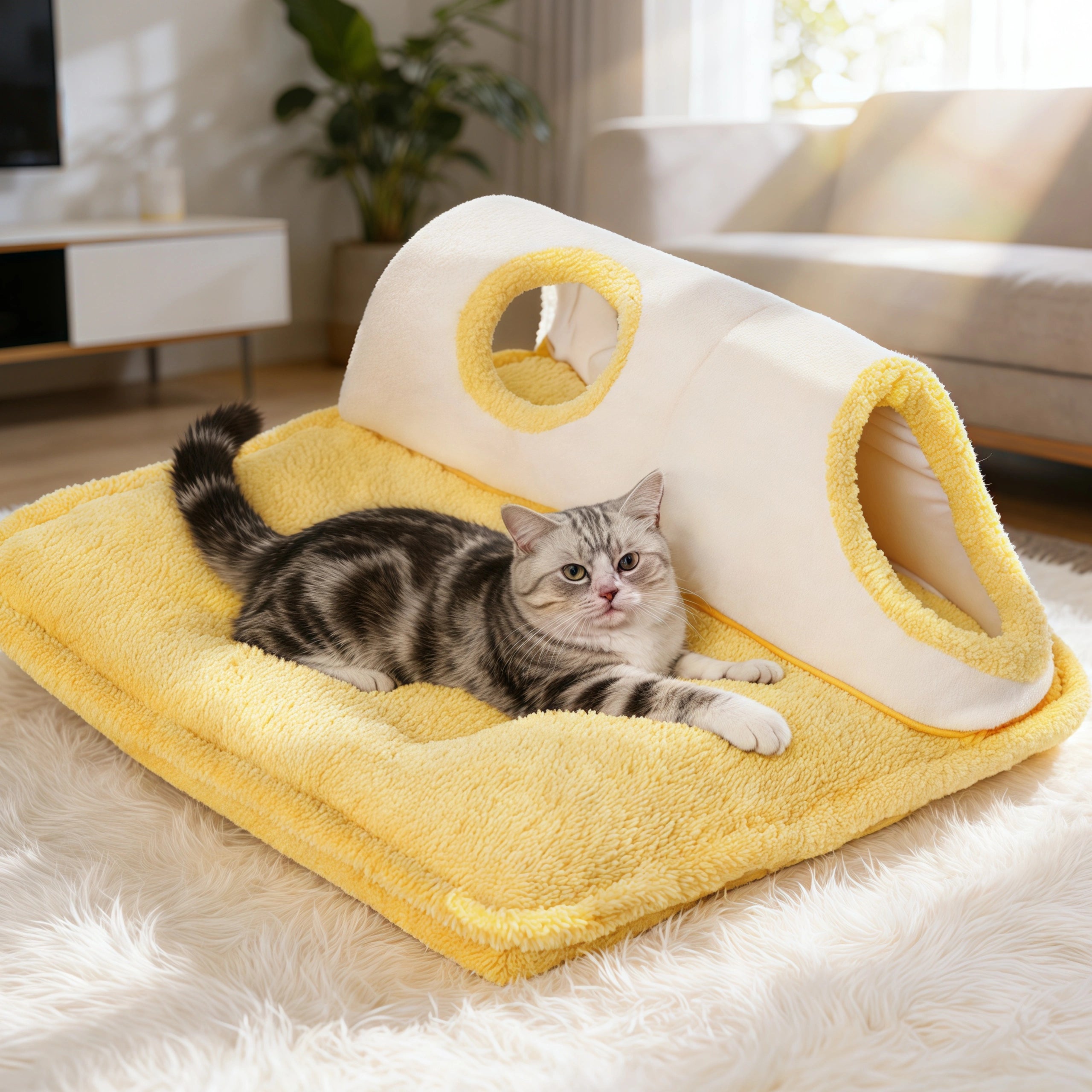 Pettami Plush Tunnel Pet Bed Mat with Removable Washable Cover for Cats