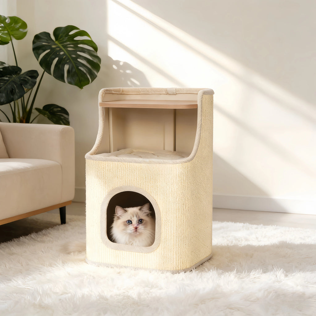 Pettami Sisal Cat Tower with Play and Rest Areas, Space-Saving Design for Small Apartments
