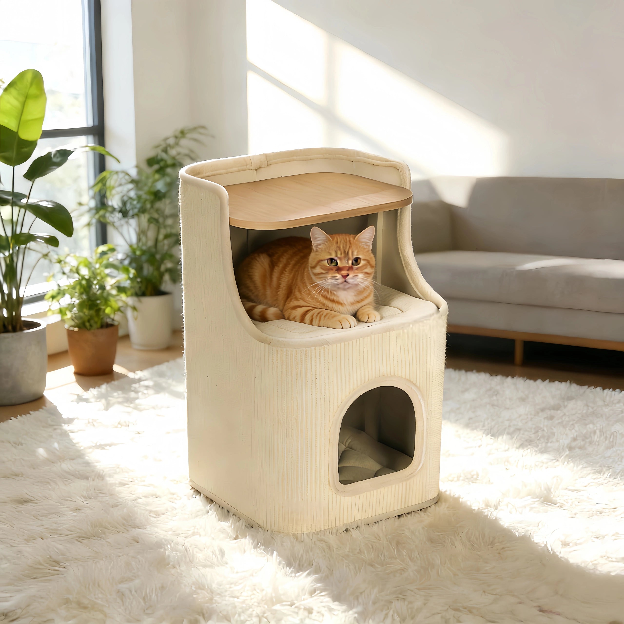 Pettami Sisal Cat Tower with Play and Rest Areas, Space-Saving Design for Small Apartments