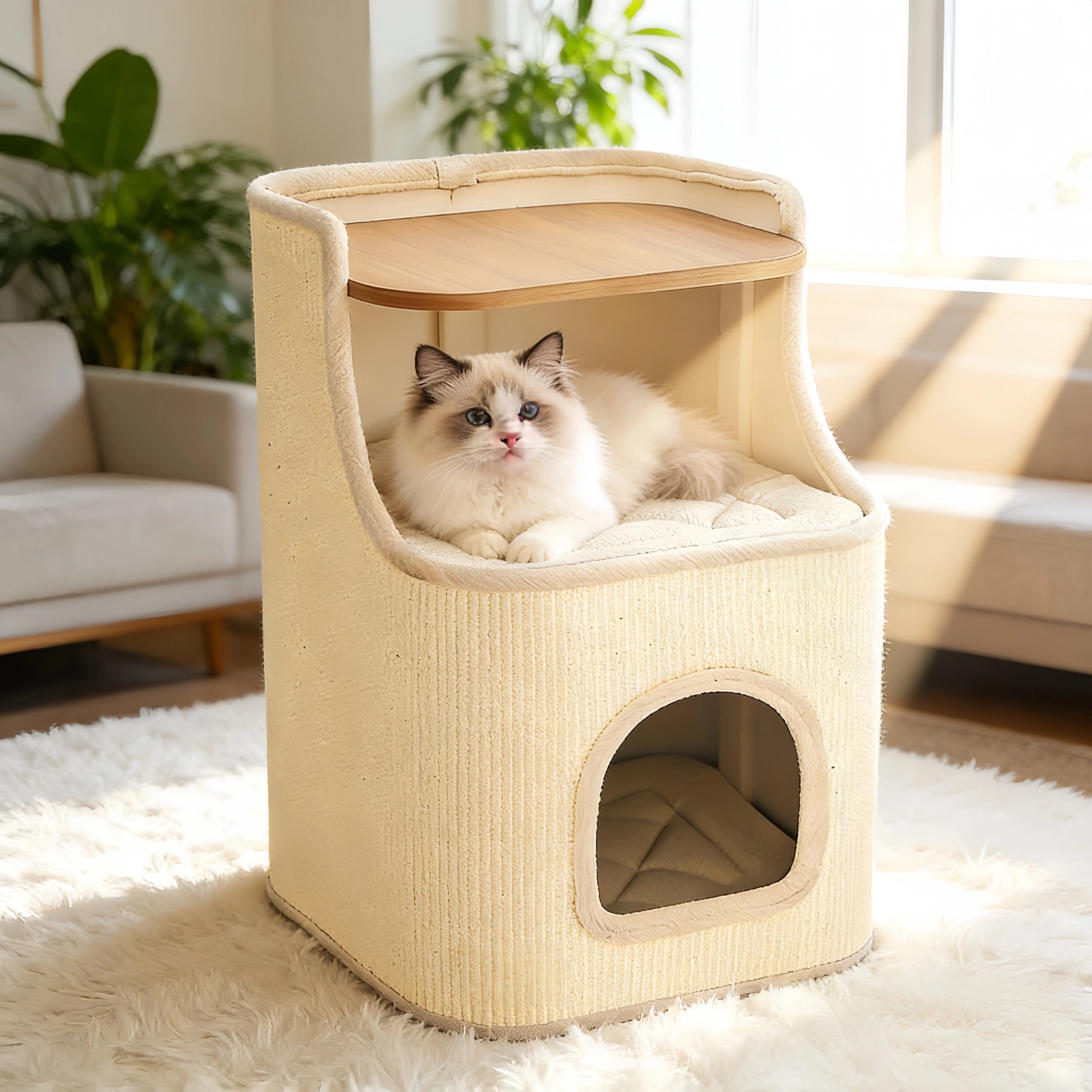 Pettami Sisal Cat Tower with Play and Rest Areas, Space-Saving Design for Small Apartments
