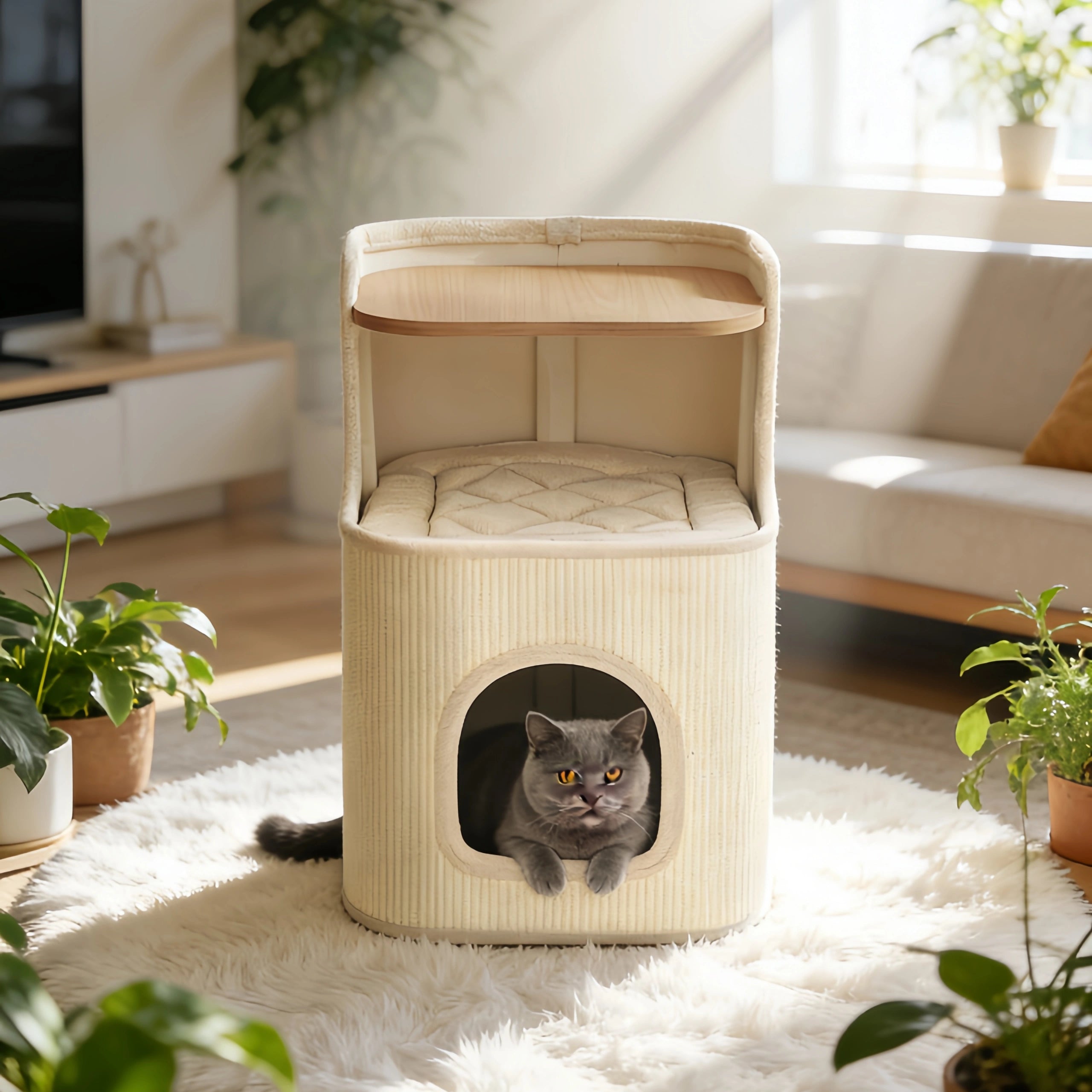 Pettami Sisal Cat Tower with Play and Rest Areas, Space-Saving Design for Small Apartments